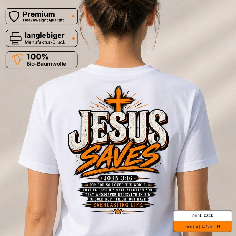 „Jesus Saves“ mit Front- und Backprint